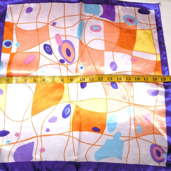 Vintage Scarf 19" Square Satin purple orange abstract print neckerchief retro - Picture 6 of 6